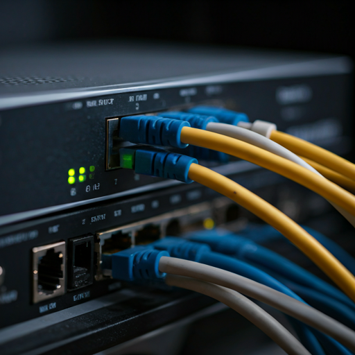 close-up of a professional networking router with glowing blue status lights and organized cabling